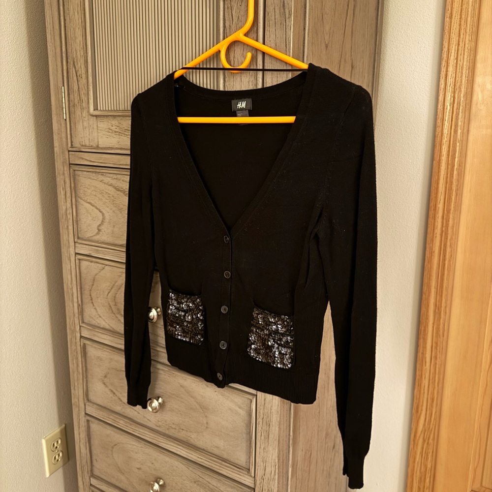 Black Cardigan with Sequin Pockets